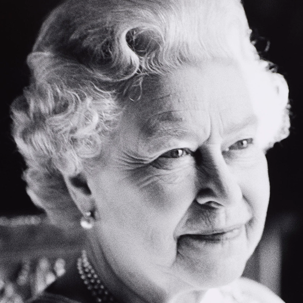 A black and white picture of Her Majesty Elizabeth II